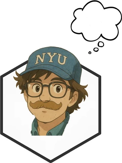 Cartoon portrait of Peter Odintsov breaking out of a hexagon, with a thought bubble